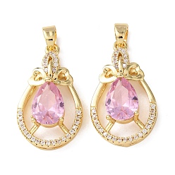 Pink Латунные микро проложить кубического циркония подвески, слезинки, золотые, розовые, 24x14x6.5 мм, отверстие : 5x3 мм