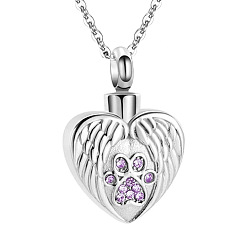 Purple Stainless Steel Pendant Necklaces, Urn Ashes Necklace, Heart with Wing, Purple, 0.98x0.71 inch(2.5x1.8cm)