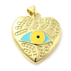 Yellow Real 18K Gold Plated Brass Pendants, with Enamel, Heart with Eye Charm, Yellow, 25x23.5x6mm, Hole: 5x3.5mm