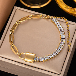 Lock Titanium Steel Link Bracelets with Rhinestone Tennis Chains, Golden, Lock, 6-1/4 inch(16cm)