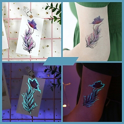 Plume Autocollants de tatouages d'art corporel lumineux, autocollants en papier pour tatouages temporaires amovibles, brillent dans le noir, plume, 10.5x6 cm