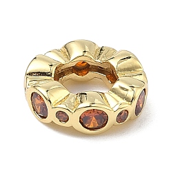 Оранжевый Латунные микро проложить Цирконий Европейский бисером, бусины с большим отверстием, плоско-круглые, стойки покрытие, долговечный, без кадмия и без свинца, реальный 18 k позолоченный, оранжевые, 10x3 мм, отверстие : 4.8 мм