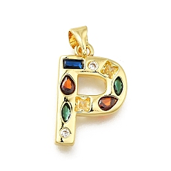 Letter P Латунные микропаве прозрачные подвески с фианитом, с целью перехода в кольце, без свинца и без кадмия, долговечный, стойки покрытие, письмо амулеты, реальный 18 k позолоченный, Письмо P, 19~21x9.5~20x2.7 мм, Перейти кольцо: 5x1 мм, 3 mm внутреннего диаметра.