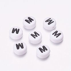 Letter M Acrylic Beads, with Horizontal Hole, Letter, Flat Round, Letter.M, 7x4mm, Hole: 1mm, about 3500pcs/500g