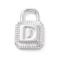 Letter D Eco-friendly Rack Plating Brass Pendants, Cadmium Free & Lead Free, Long-Lasting Plated, Lock with Alphabet, Platinum, Letter.D, 15x10x3mm, Hole: 3.5x4mm