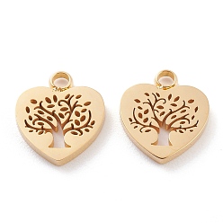Golden Ion Plating(IP) 304 Stainless Steel Charms, Laser Cut, Heart with Tree of Life, Golden, 12x11x1.5mm, Hole: 1.8mm