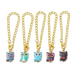 Mixed Color Owl Alloy Pendants Decorations, with Iron Twisted Chains Curb Chains and Zinc Alloy Lobster Claw Clasps, Mixed Color, 128mm