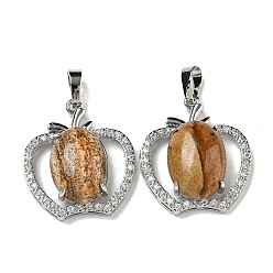 Пейзажный Джаспер Натуральная яшма с подвесками из прозрачного кубического циркония, подвески в виде яблока со стойкой, фурнитура из латуни, платина, без кадмия и без свинца, 28.5x25.5x9~10 мм, отверстие : 7x5 мм