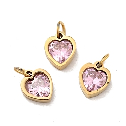 Pearl Pink Vacuum Plating 304 Stainless Steel Pendants, with Cubic Zirconia and Jump Rings, Single Stone Charms, Heart, Golden, Pearl Pink, 9x8x3mm, Hole: 3.6mm