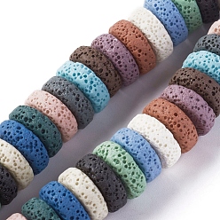 Mixed Color Natural Lava Rock Beads Strands, Dyed, Flat Round/Disc, Mixed Color, 15~16x5~6mm, Hole: 2mm, about 34 pcs/Strand, 7.80''(19.8 cm)