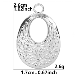 Stainless Steel Color Stainless Steel Pendants, Oval with Flower Charm, Stainless Steel Color, 26x17mm