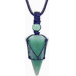 Green Aventurine Natural Green Aventurine Cone Pendant Necklaces, Wax String Macrame Pouch Necklace, 20.08~31.50 inch(51~80cm)