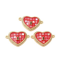 Красный Покрытие стойки латунь микро паве прозрачный кубический цирконий звенья в форме сердца, с эмалью и ракушкой, реальный 18 k позолоченный, долговечный, без свинца и без кадмия, красные, 15x22x4 мм, отверстие : 1.2 мм