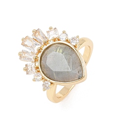 Labradorit Fingerringe aus Messing mit natürlichem Labradorit, Träne, Zirkonia Fingerringe, golden, us Größe 7 1/4 (17.5 mm)