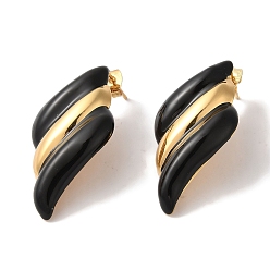 Черный Золотое ионное покрытие (ip) 304 серьги-гвоздики из нержавеющей стали для женщин, с эмалью, волнистый, золотые, чёрные, 38x22 мм