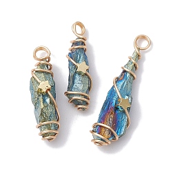 Blue Electroplated Natural Quartz Crystal Dyed Copper Wire Wrapped Pendants, Teardrop Charms with Brass Star, Golden, Blue, 28~39x8~12x8mm, Hole: 4mm
