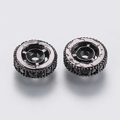 Gunmetal Brass Micro Pave Cubic Zirconia Beads, Flat Round, Black, Gunmetal, 8x2.5mm, Hole: 1.2mm