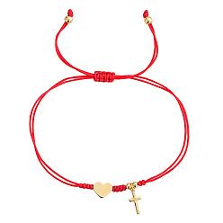 Красный Латунные парные браслеты в форме сердца и креста, двухслойные., Регулируемые браслеты из плетеной нейлоновой нити для женщин и мужчин, красные, 11.02 дюйм (28 см)