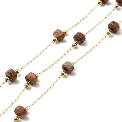 Red Jasper Ion Plating(IP) 316 Surgical Stainless Steel Paperclip Chains, with Natural Red Jasper Column Beads, Soldered, Real 18K Gold Plated, with Spool, Link: 2.5x1x0.3mm