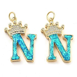 Letter N Латунные микропаве прозрачные подвески с фианитом, с синтетическим опалом, реальный 18 k позолоченный, с целью перехода в кольце, Письмо N, 26.5~33x14~23.5x3.5~4.5 мм, отверстие : 4.5 мм