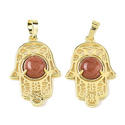 Камень с Пылевым Золотом Синтетические голдстоуновские подвески, латунные полые хамса ручные амулеты, стойки покрытие, без кадмия и без свинца, золотые, 33x22x6.5 мм, отверстие : 7.5x5 мм