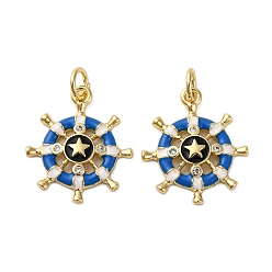 Темно-Голубой Латунные микро проложить кубического циркония подвески, якорь и штурвал, с эмалью, стойки покрытие, реальный 18 k позолоченный, долговечный, с целью перехода в кольце, без кадмия и без свинца, с целью перехода в кольце, глубокое синее небо, 18x15.5x2.5 мм, отверстие : 3 мм