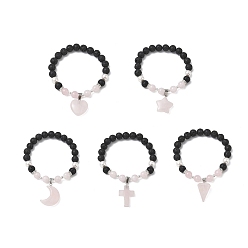 Mixed Shapes Браслеты с подвесками из натурального мадагаскарского розового кварца, лавовой породы и жемчуга из ракушек., круглые браслеты из бисера для женщин, С немагнитным синтетическим гематитом, разнообразные, внутренний диаметр: 1.97 дюйм (5 см)