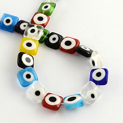 Mixed Color Square Handmade Evil Eye Lampwork Beads Strands, Mixed Color, 10x10x4mm, Hole: 1mm, about 38pcs/strand, 14.5 inch