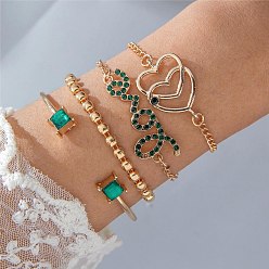 Heart Light Gold Alloy Bangle and Bracelets Set, Glass Rhinestone Jewelry Set, Heart, 170mm, 4pcs/set