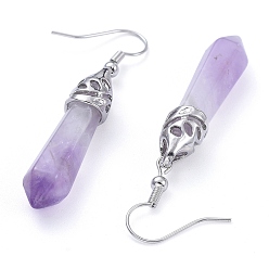 Amethyst Natural Amethyst Dangle Earrings, with Platinum Plated Alloy Findings, Bullet, 48mm, Pin: 0.5mm
