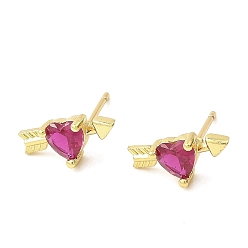 Fuchsia Heart with Arrow Real 18K Gold Plated Brass Stud Earrings, with Clear Cubic Zirconia, Long-Lasting Plated, Lead Free & Cadmium Free, Fuchsia, 6x13mm