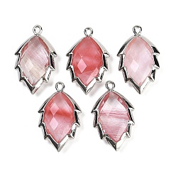 Вишневый Кварц Подвески из вишневого кварцевого стекла в форме листа, стойки обшивки латунные прелести, платина, 23x13.5x5.5 мм, отверстие : 1.2 мм