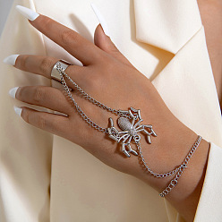 Platinum Alloy Curb Chain Bracelets, Spider Charm Bracelet with Plain Open Cuff Rings, Platinum, 6-3/4 inch(17cm)