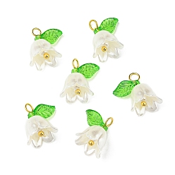 White Acrylic Pendants, with Golden Brass Loops, Pearl with Lily of the Valley, White, 13~13.5x10~11.5mm, Hole: 2.5~3mm