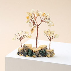 Citrine Natural Citrine Chips Tree of Life Decorations, Mini Resin Stump Base with Copper Wire Feng Shui Energy Stone Gift for Home Office Desktop Decoration, 80x80~100mm