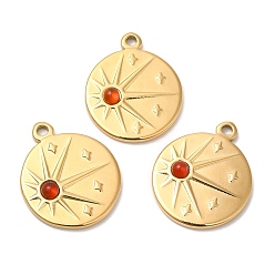 Red Agate Ионное покрытие (ip) 316 плоские круглые подвески из нержавеющей стали, Подвески-солнце из натурального красного агата, реальный 24 k позолоченный, 21.5x18x4 мм, отверстие : 1.6 мм