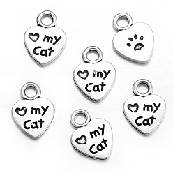 Античное Серебро Сплавочные подвески тибетского стиля, сердце со словом мой кот очаровывает, античное серебро, 12x8.5 мм, отверстие : 2 мм