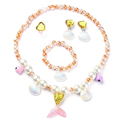 Orange Plastic & Resin Bead Jewelry Set for Kids, including Shell & Mermaid Tail Pendant Necklaces & Charm Bracelets, Heart Finger Rings & Clip-on Earring, Orange, Necklace: 18-1/2 inch(47cm), Earring: 38x20mm, Inner Diameter: Bracelet: 1-5/8 inch(4.2cm), Ring: 15mm