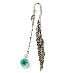 Turquoise Moyen Signets alliage de plumes de style tibétain, marqueur de livre pendentif en verre fleur de pêcher intérieur, avec la perle en plastique, argent antique, turquoise moyen, 115mm