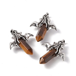 Tiger Eye Natural Tiger Eye Pendants, with Antique Silver Tone Alloy Bat Findings, Cadmium Free & Lead Free, Faceted Bullet Charm, 47x39x14mm, Hole: 6x9mm