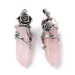 Rose Quartz Natural Rose Quartz Pointed Big Pendants, with Antique Silver Tone Rose Alloy Findings, Cadmium Free & Lead Free, Faceted, Bullet Charm, 48~50x16mm, Hole: 7x5mm