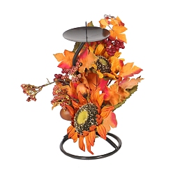Orange Red Thanksgiving Day Theme Artificial Sunflower & Maple Leaf Cloth Candle Holder Decorations, Home Decoration, with Iron Findings, Orange Red, 18x26cm