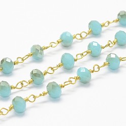 Turquoise Handmade Beaded Chains, with Spool, Unwelded, Electroplated Glass Beads with Brass Findings, Faceted Rondelle, Turquoise, 6mm, about 32.8 Feet(10m)/roll