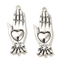 Antique Silver Tibetan Style Alloy Pendants, Cadmium Free & Lead Free, Palm with Heart, Antique Silver, 43x16x3mm, Hole: 2.1mm, about 183pcs/1000g