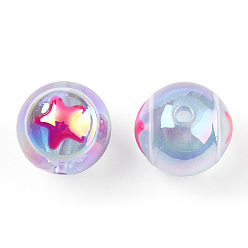 Deep Pink UV Plating Rainbow Iridescent Acrylic Beads, Round with Star, Deep Pink, 16mm, Hole: 2.5mm