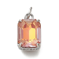 Платина Латунь стекло амулеты, прямоугольник амулеты, с петлей для прыжковых колец, без свинца и без кадмия, стойки покрытие, прочное покрытие, граненые, платина, 11x8x7 мм, отверстие : 3 мм