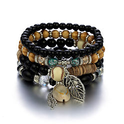 Black B0020-1 Bohemian Beach Shell Tassel Multi-layer Bracelet Set for Women with Wood Beads, Crystals and Coconut Shells
