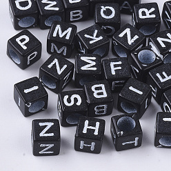 Black Opaque Acrylic Beads, Horizontal Hole, Cube with Random Initial Letter, Black, 6x6x6mm, Hole: 3.5mm, about 3380pcs/500g