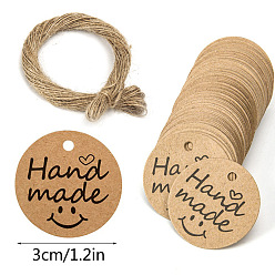 BurlyWood Kraft Paper Gift Tags, Hange Tags, with Hemp Rope, for Arts, Crafts and Food, Flat Round with Word Handmade Pattern, BurlyWood, Tag: 3cm, about 101pcs/bag