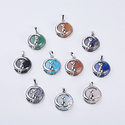 Mixed Stone Fashion Natural & Synthetic Mixed Stone Kitten Pendants, with Brass Findings, Flat Round with Cat & Crescent Moon Shape, Platinum, 32x27.5x10mm, Hole: 5x7mm